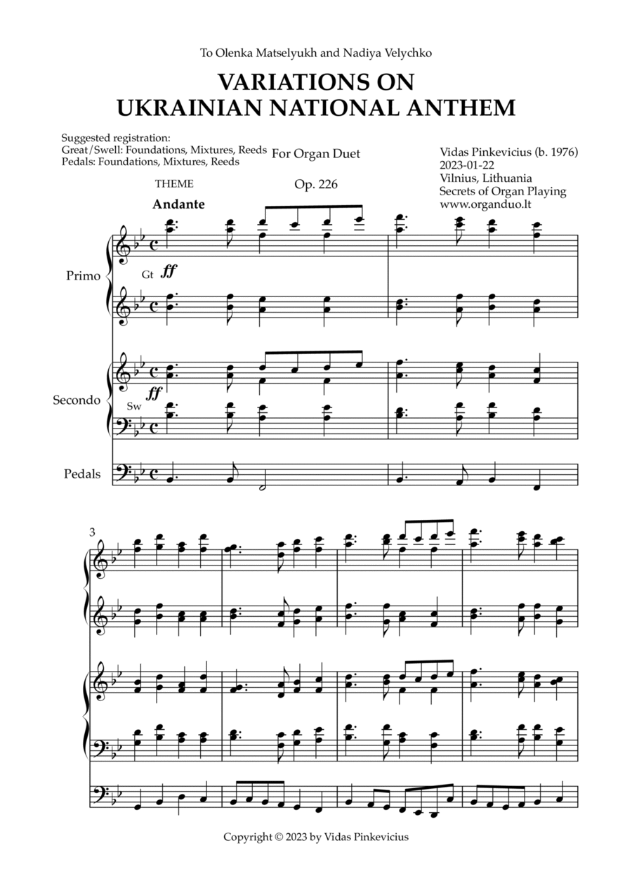 Variations on Ukrainian National Anthem, Op. 226 (Organ Duet) by Vidas Pinkevicius Organ Solo scores gallery preview page 1