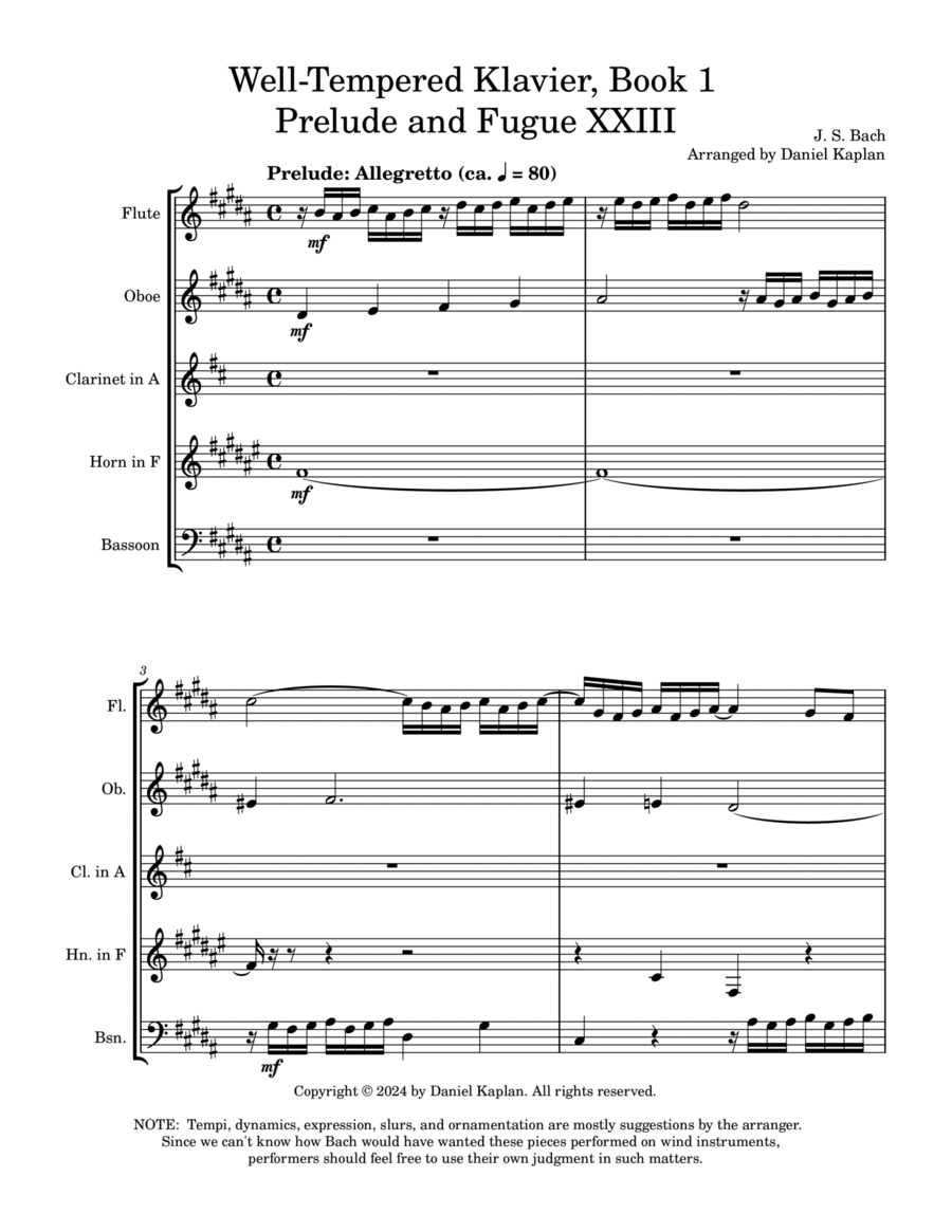 Prelude and Fugue XXIII from The Well-Tempered Clavier, Book 1 (arranged for woodwind quintet) image number null