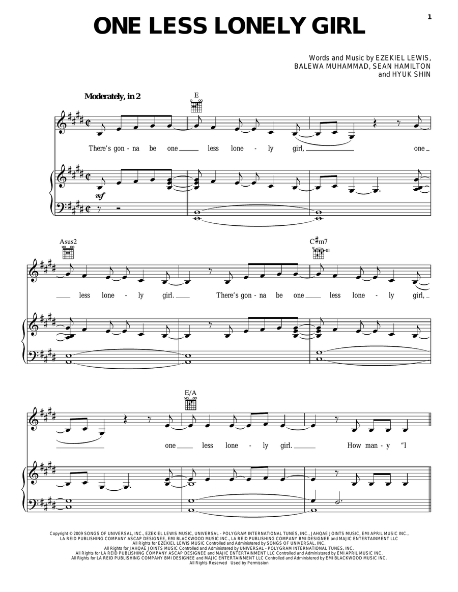 One Less Lonely Girl Piano, Vocal, Guitar scores gallery preview page 1