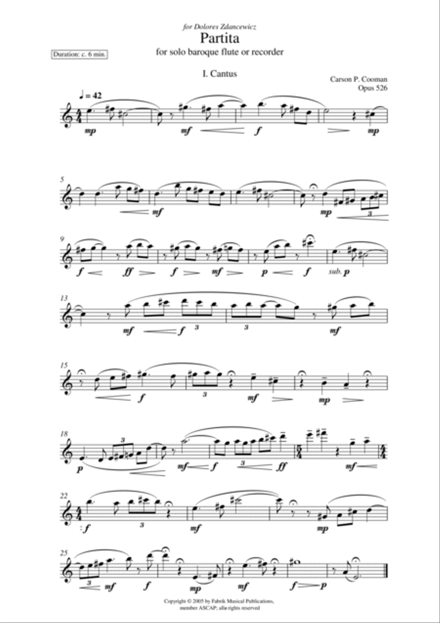 Carson Cooman: Partita for solo baroque flute or recorder Small Ensemble scores gallery preview page 2