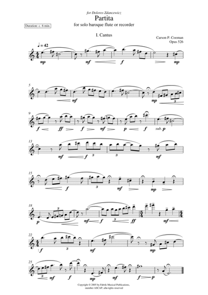 Carson Cooman: Partita for solo baroque flute or recorder