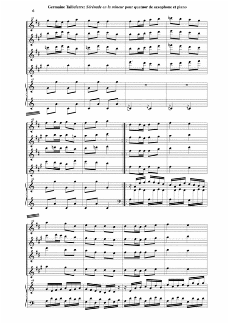 Germaine Tailleferre: Sérénade en La Mineur for SATB saxophone quartet and piano or harpsichord Woodwind Quartet scores gallery preview page 6