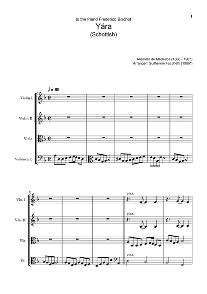 Anacleto de Medeiros - Yára. Arrangement for String Quartet. Complete Score and Parts image number null