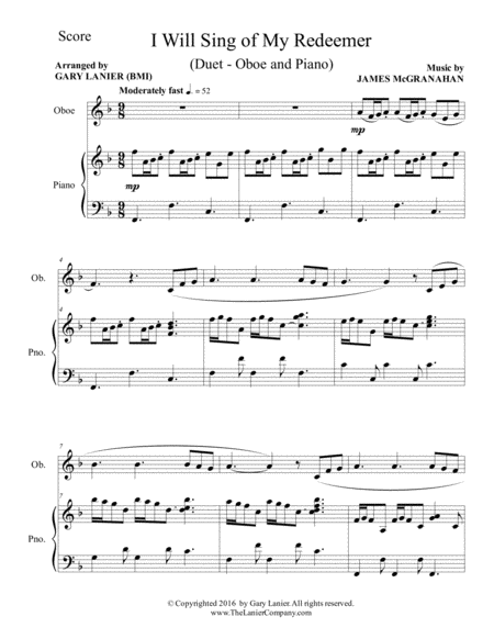 I WILL SING OF MY REDEEMER (Duet – Oboe & Piano with Score/Part) image number null