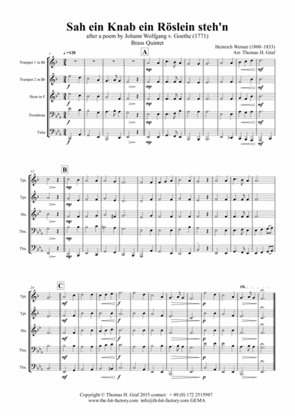 Sah ein Knab ein Roeslein stehn - German Folk Song - Brass Quintet image number null
