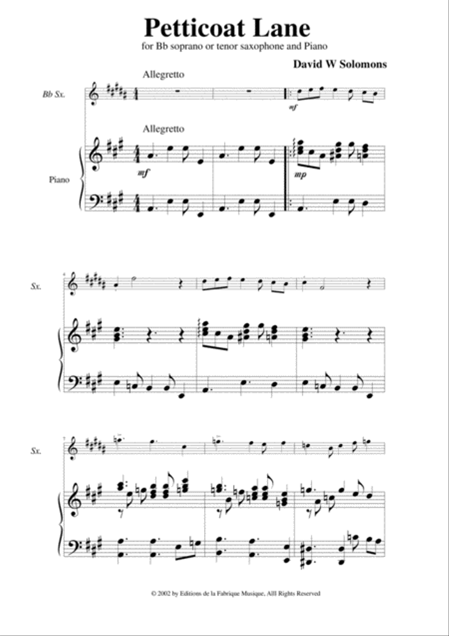David Warin Solomons: Petticoat Lane for Bb soprano or tenor saxophone and piano Woodwind Duet scores gallery preview page 2