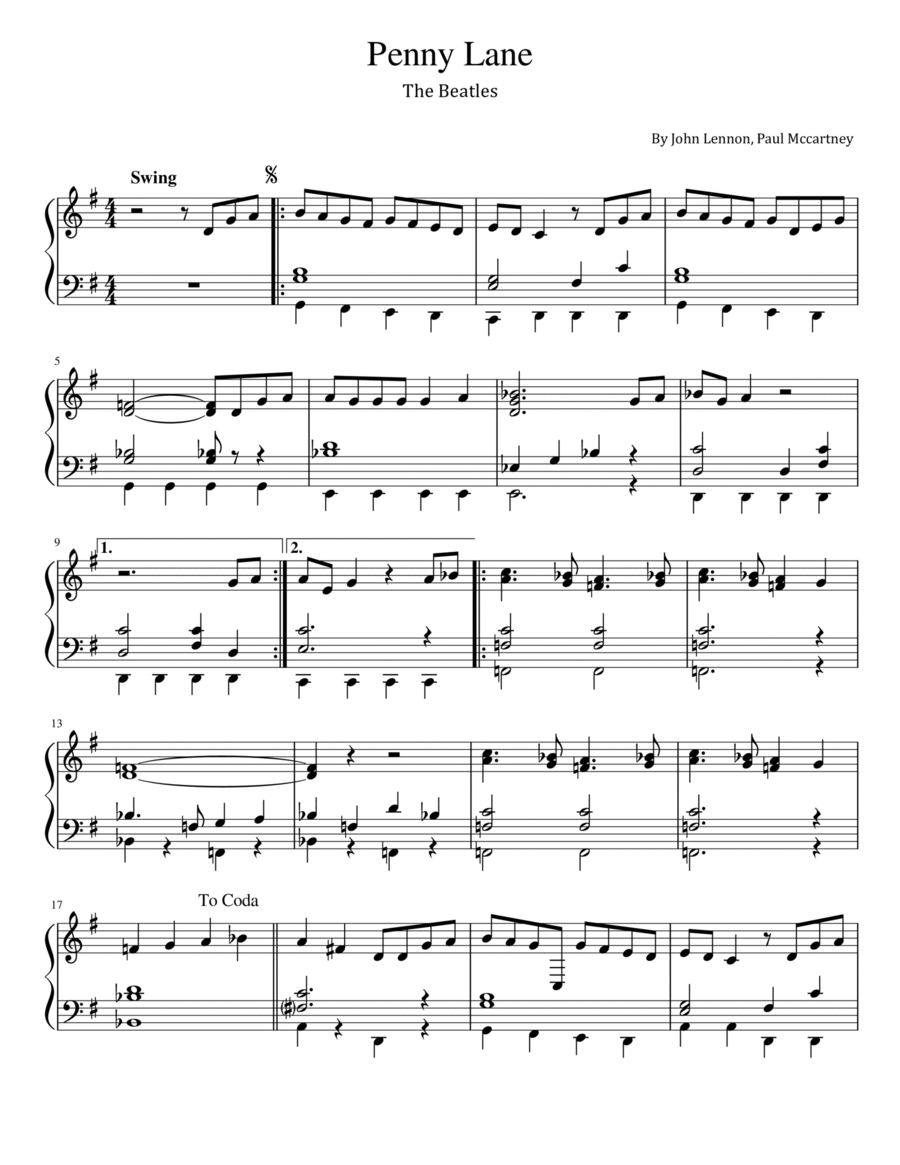 Penny Lane Easy Piano scores gallery preview page 1