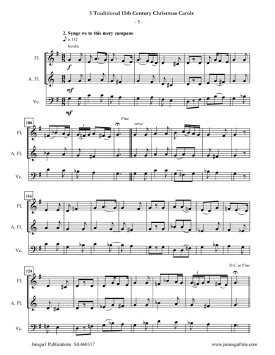 5 Traditional 15th Century Christmas Carols for Flute, Alto Flute & Cello Flute scores gallery preview page 5