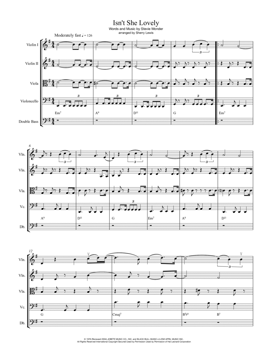 Isn't She Lovely String Quintet scores gallery preview page 1