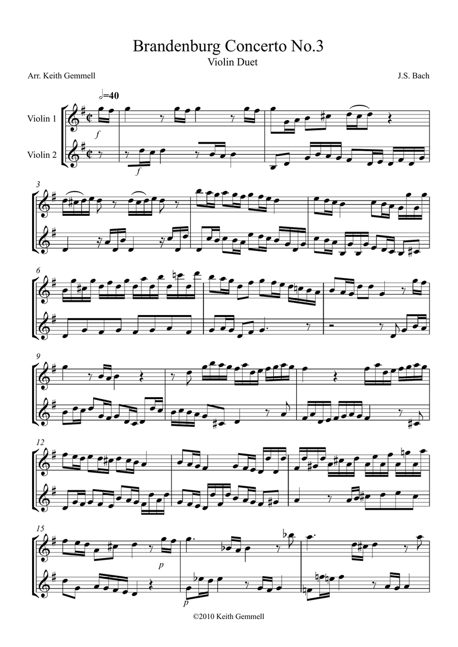 Brandenburg Concerto No. 3: Violin Duet String Duet scores gallery preview page 1