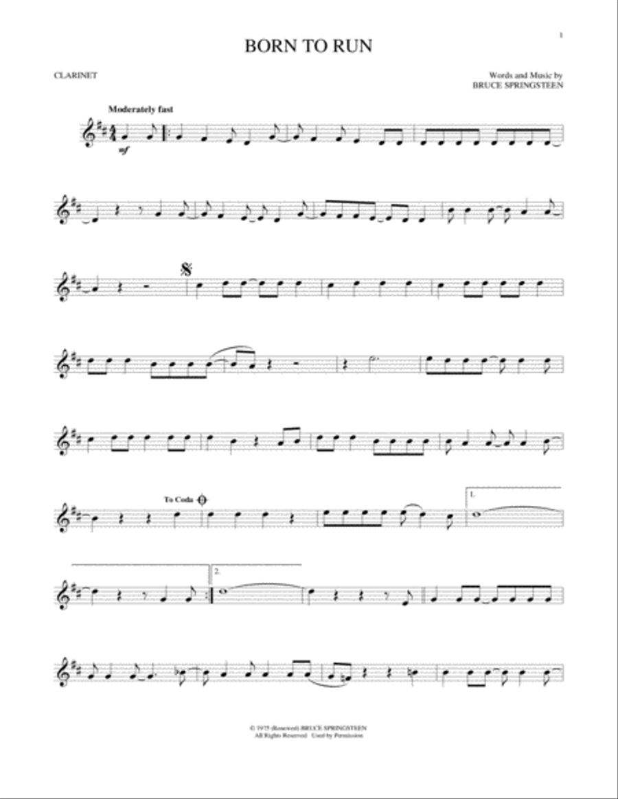 Born To Run Clarinet Solo scores gallery preview page 1