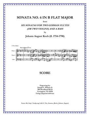 Koch Trio Sonata No. 6 in B Flat Major for Two German Flutes (or Two Violins) and a Bass