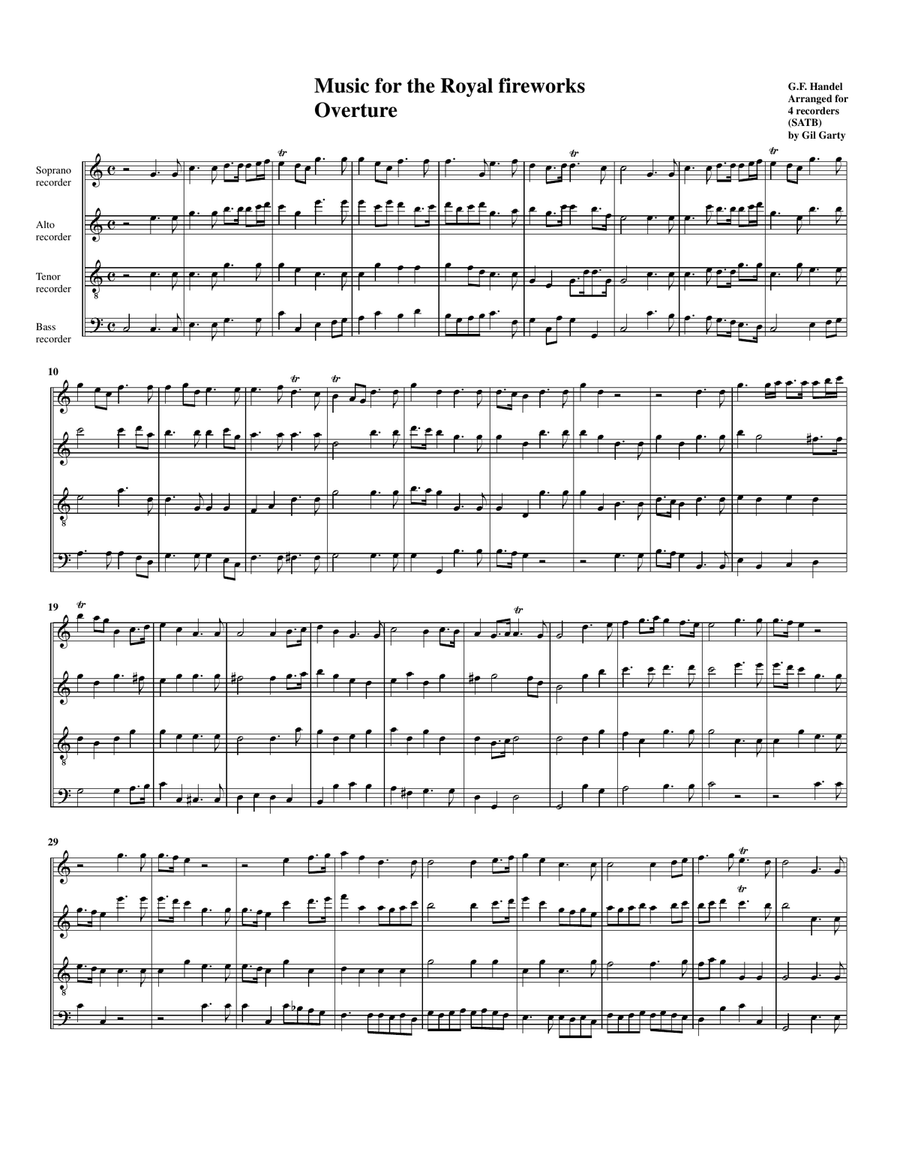 Overture to Music for the Royal fireworks (arrangement for 4 recorders) Recorder scores gallery preview page 1