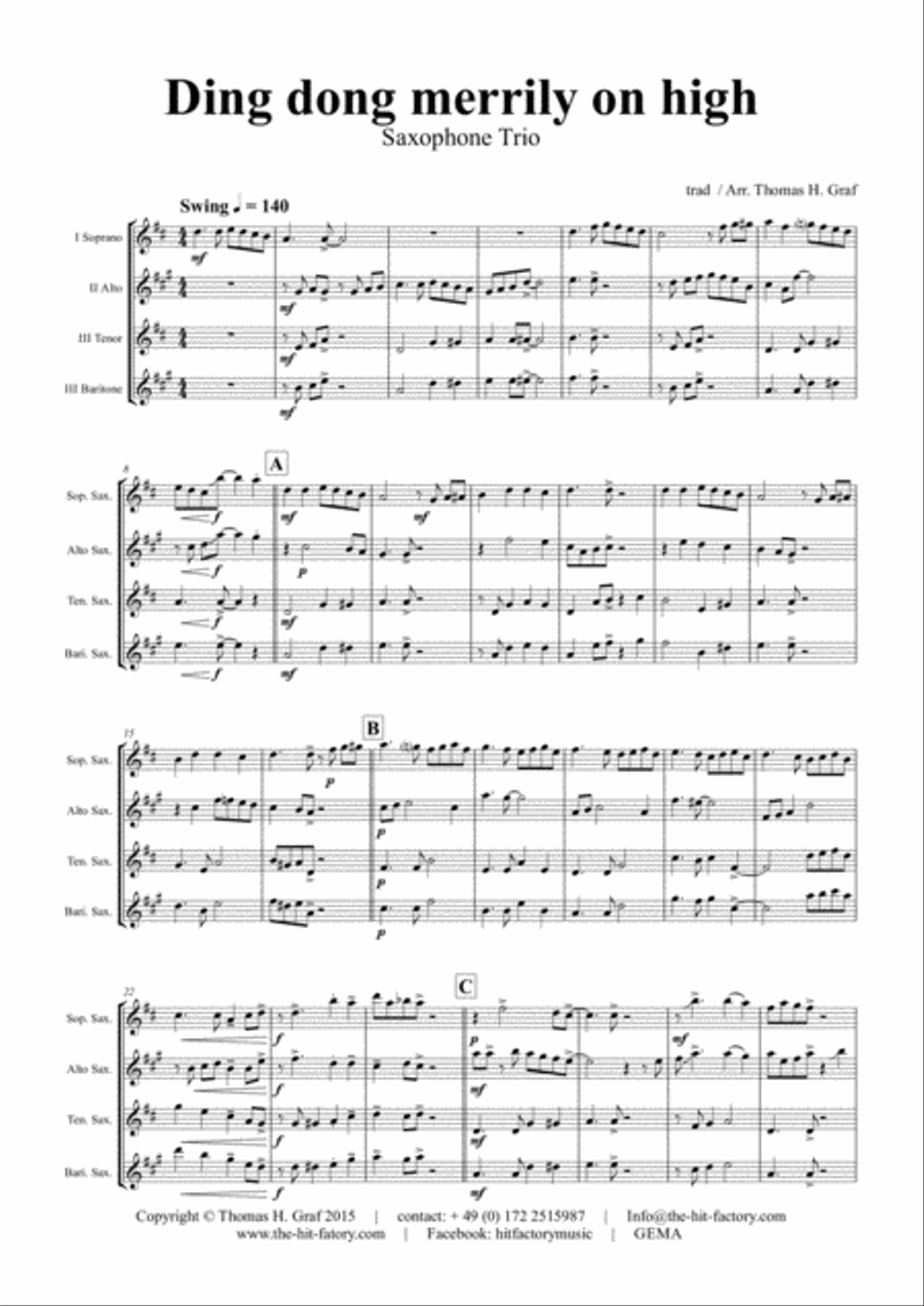 Ding dong merrily on high - Swing - Saxophone Trio Woodwind Trio scores gallery preview page 1
