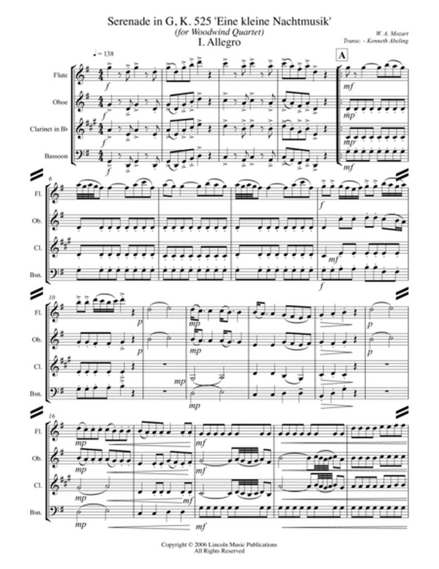 Mozart - Serenade in G – I. Allegro (Eine kleine Nachtmusik) (for Woodwind Quartet) image number null