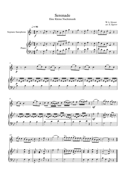 Serenade (Eine Kleine Nachtmusik), Wolfgang Amadeus Mozart, For Soprano Saxophone & Piano image number null