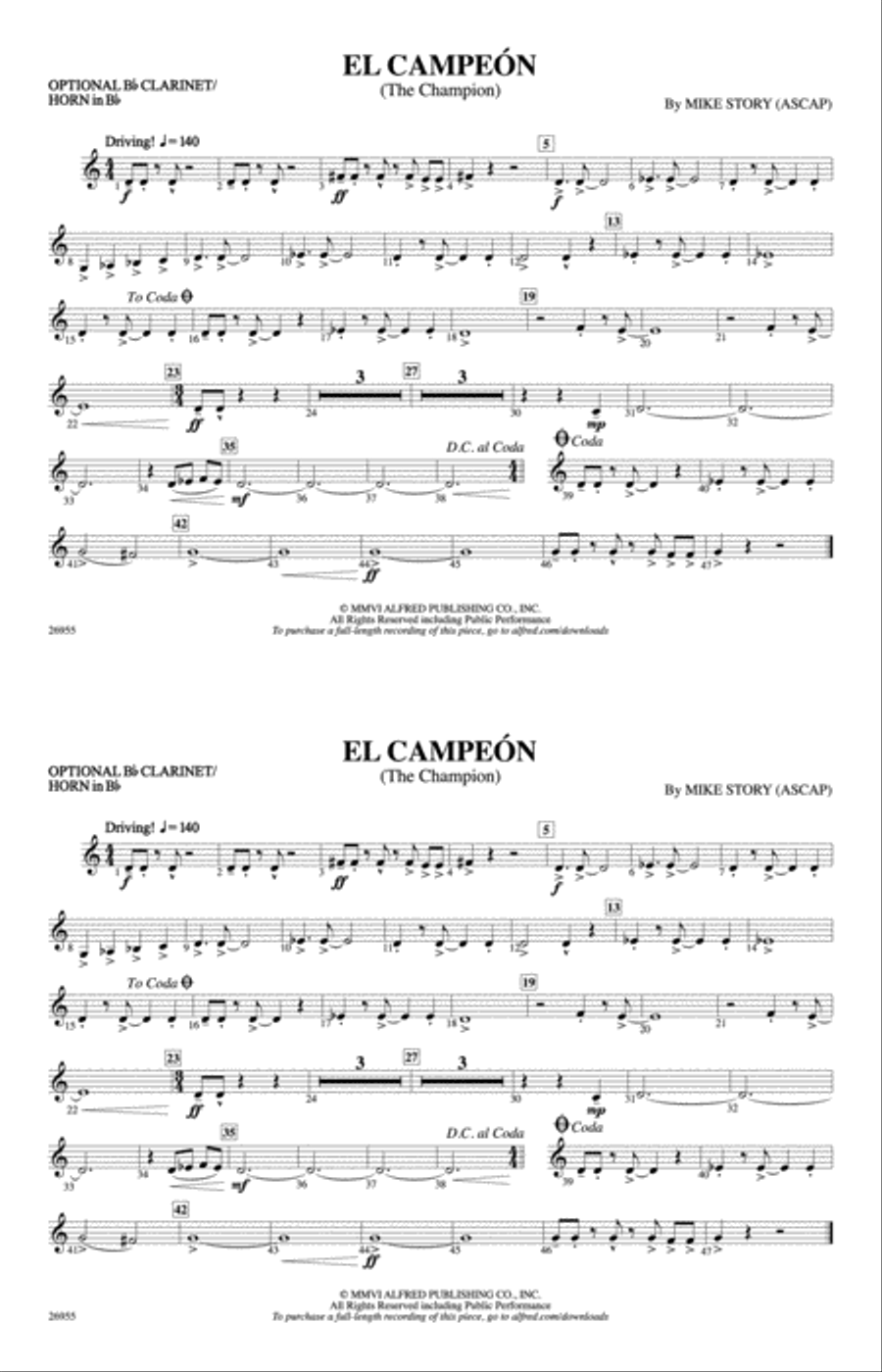 El Campeón: Optional Bb Clarinet/Horn in Bb Marching Band scores gallery preview page 1