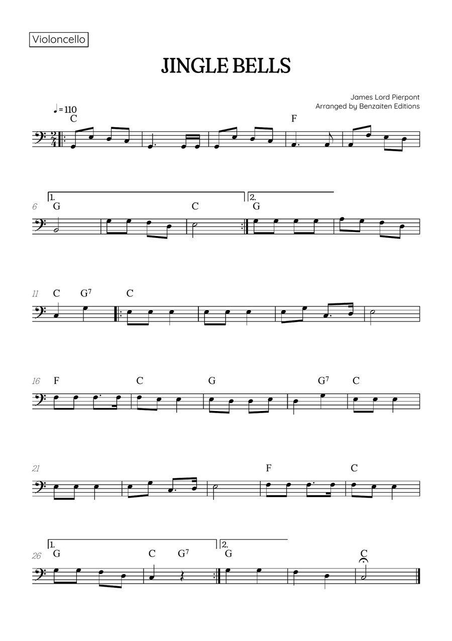 Jingle Bells • Christmas Song | cello sheet music [chords] Cello Solo scores gallery preview page 1