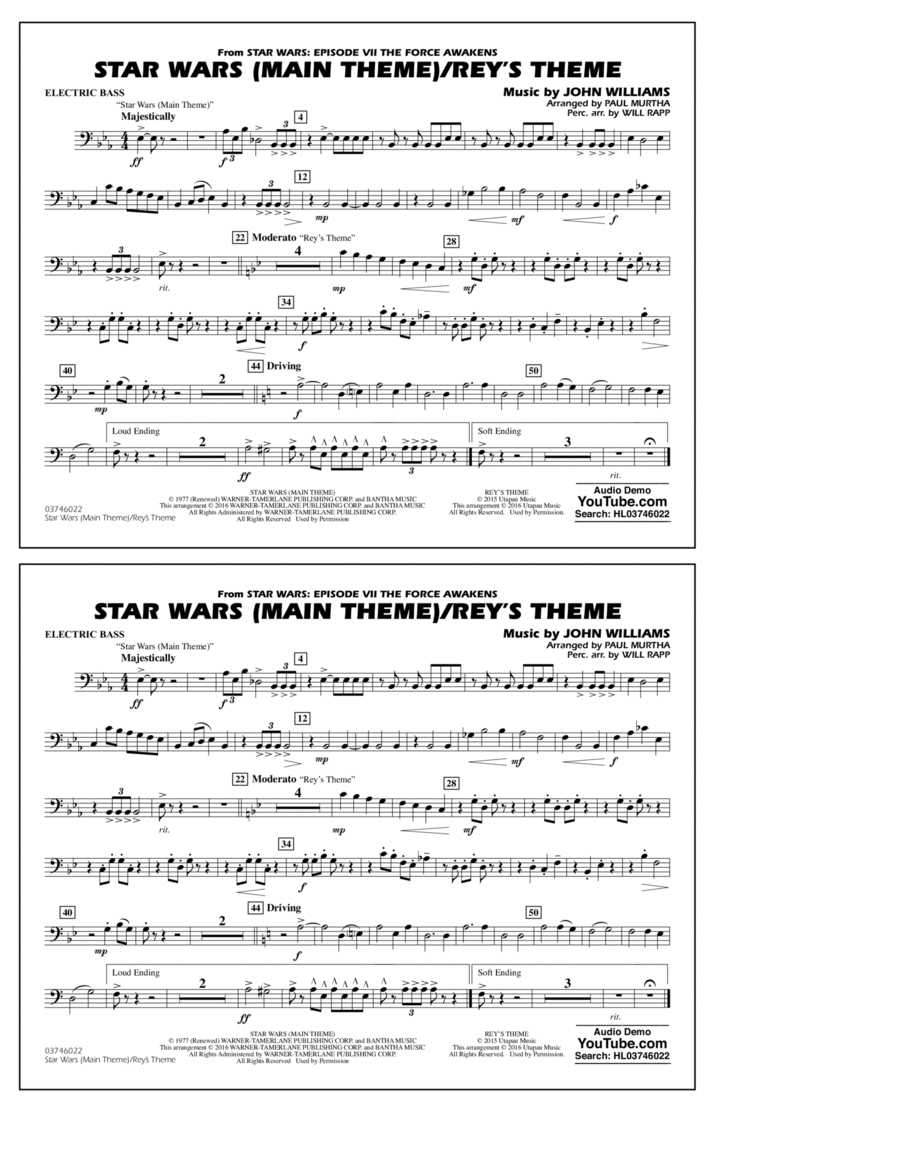 Star Wars Main Theme/Rey's Theme (from The Force Awakens) - Electric Bass Bass Guitar scores gallery preview page 1
