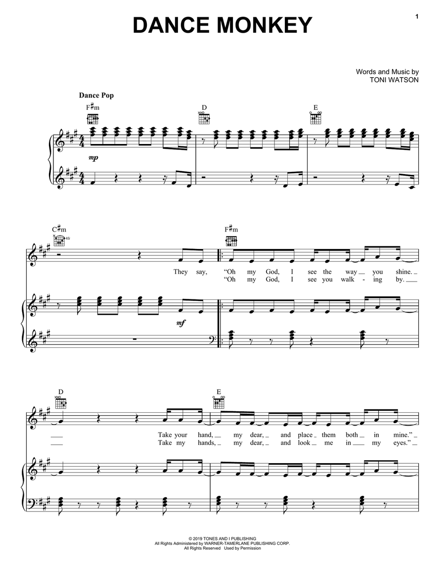 Dance Monkey Piano, Vocal, Guitar scores gallery preview page 1