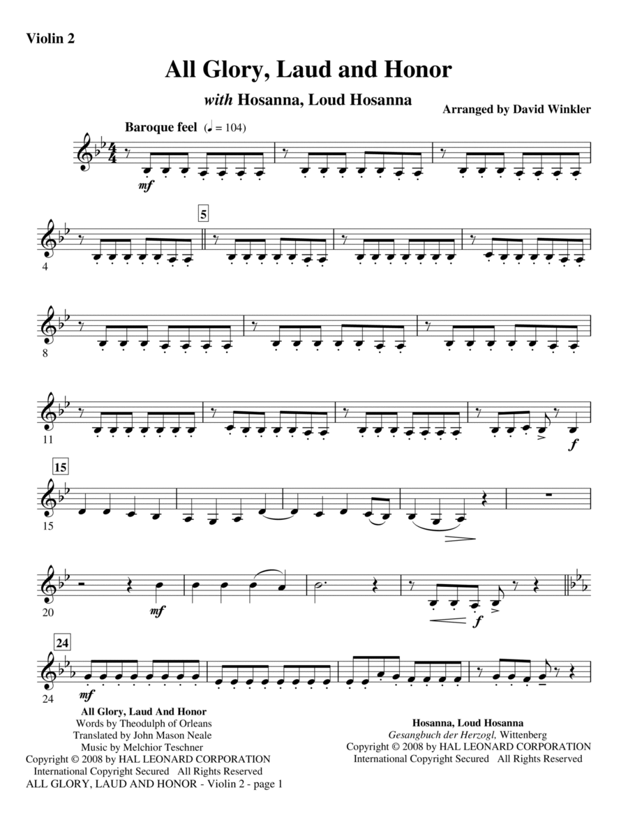 All Glory, Laud, And Honor (with Hosanna, Loud Hosanna) - Violin 2 Violin scores gallery preview page 1