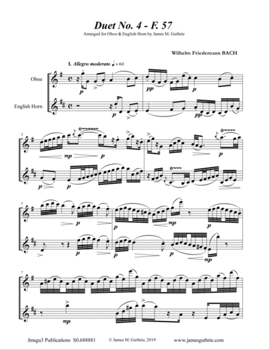WF Bach: Duet No. 4 for Oboe & English Horn Woodwind Duet scores gallery preview page 1