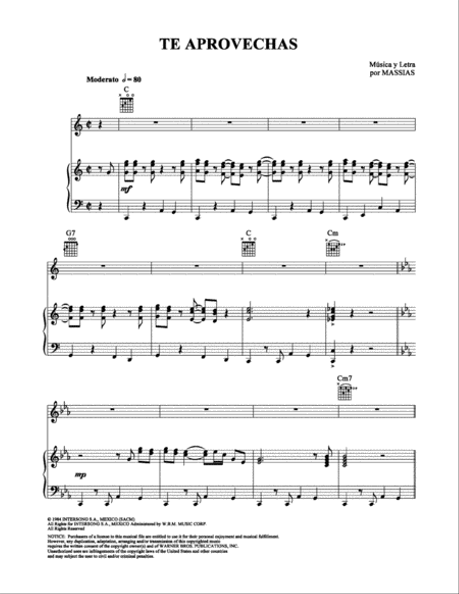Te Aprovechas Te Aprovechas Piano, Vocal, Guitar scores gallery preview page 1