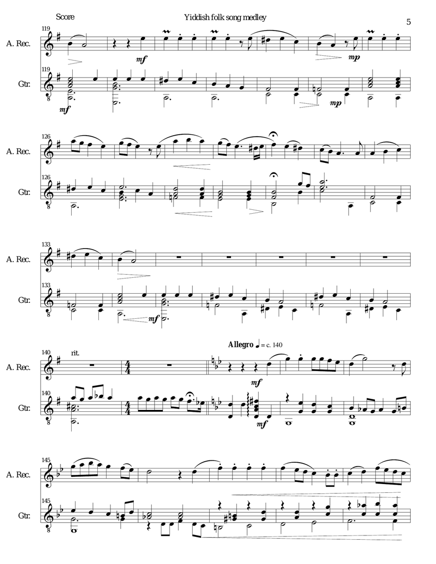 Yiddish Folk Song Medley for Alto Recorder and Guitar Alto Recorder scores gallery preview page 5