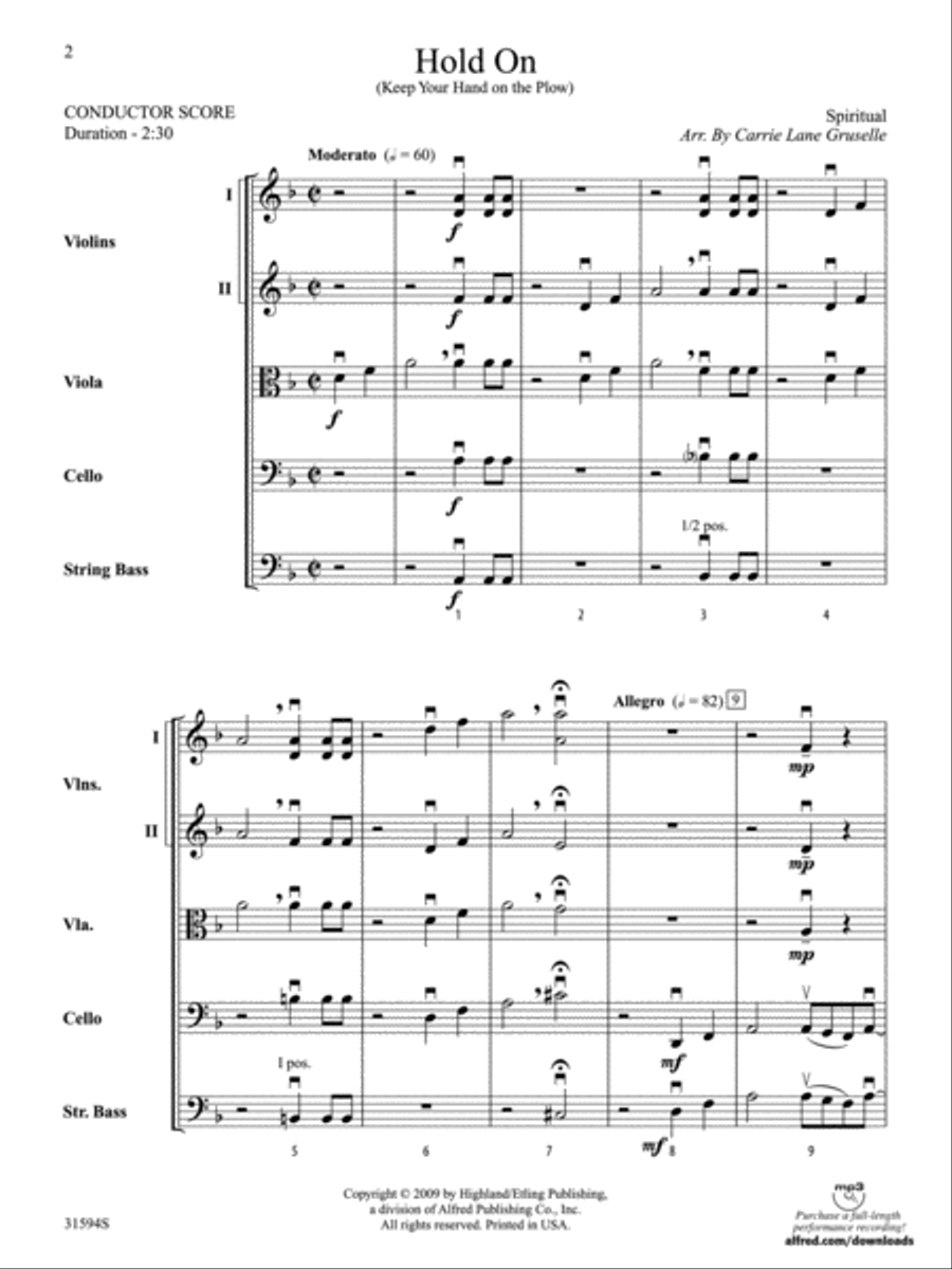 Hold On (Keep Your Hand on the Plow) String Orchestra scores gallery preview page 2