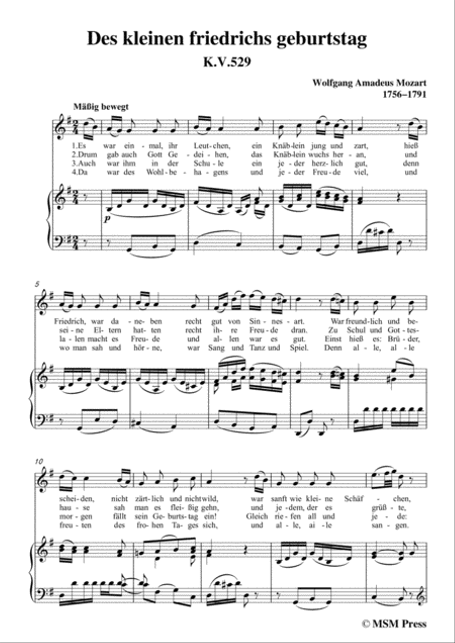 Mozart-Des kleinen friedrichs geburtstag,in G Major,for Voice and Piano Voice Solo scores gallery preview page 3