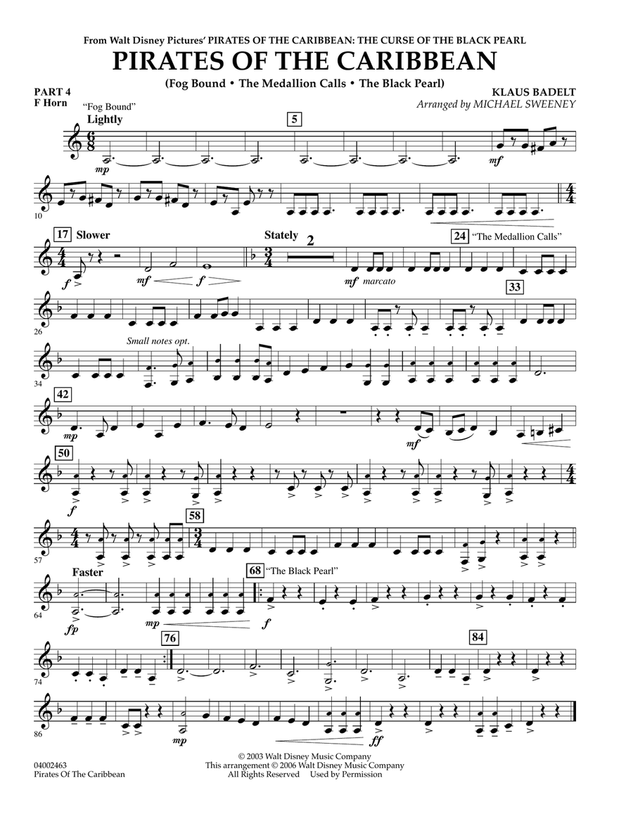 Pirates Of The Caribbean - Pt.4 - F Horn Concert Band scores gallery preview page 1