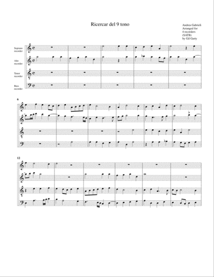 Ricercar del 9 tono (arrangement for 4 recorders) Recorder scores gallery preview page 1