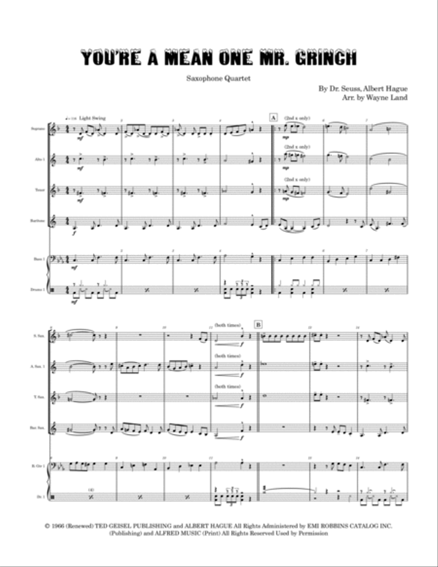 You're A Mean One, Mr. Grinch Saxophone Quartet scores gallery preview page 2