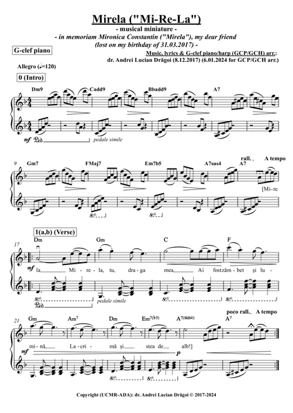 Mirela ("Mi-Re-La") - musical miniature - G-clef piano/harp (GCP/GCH) arrangement (score+lead) image number null