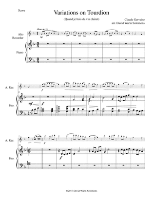 Book cover for Tourdion (Quand je bois du vin clairet) for alto recorder and piano