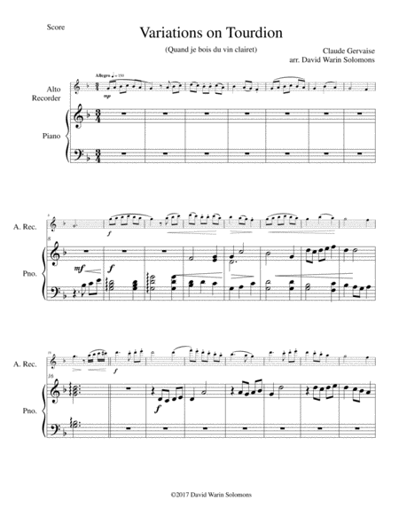 Tourdion (Quand je bois du vin clairet) for alto recorder and piano image number null