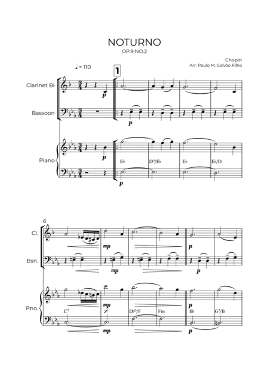 NOTURNO OP.9 NO.2 - CHOPIN - WIND PIANO TRIO (CLARINET, BASSOON & PIANO) Bassoon scores gallery preview page 2