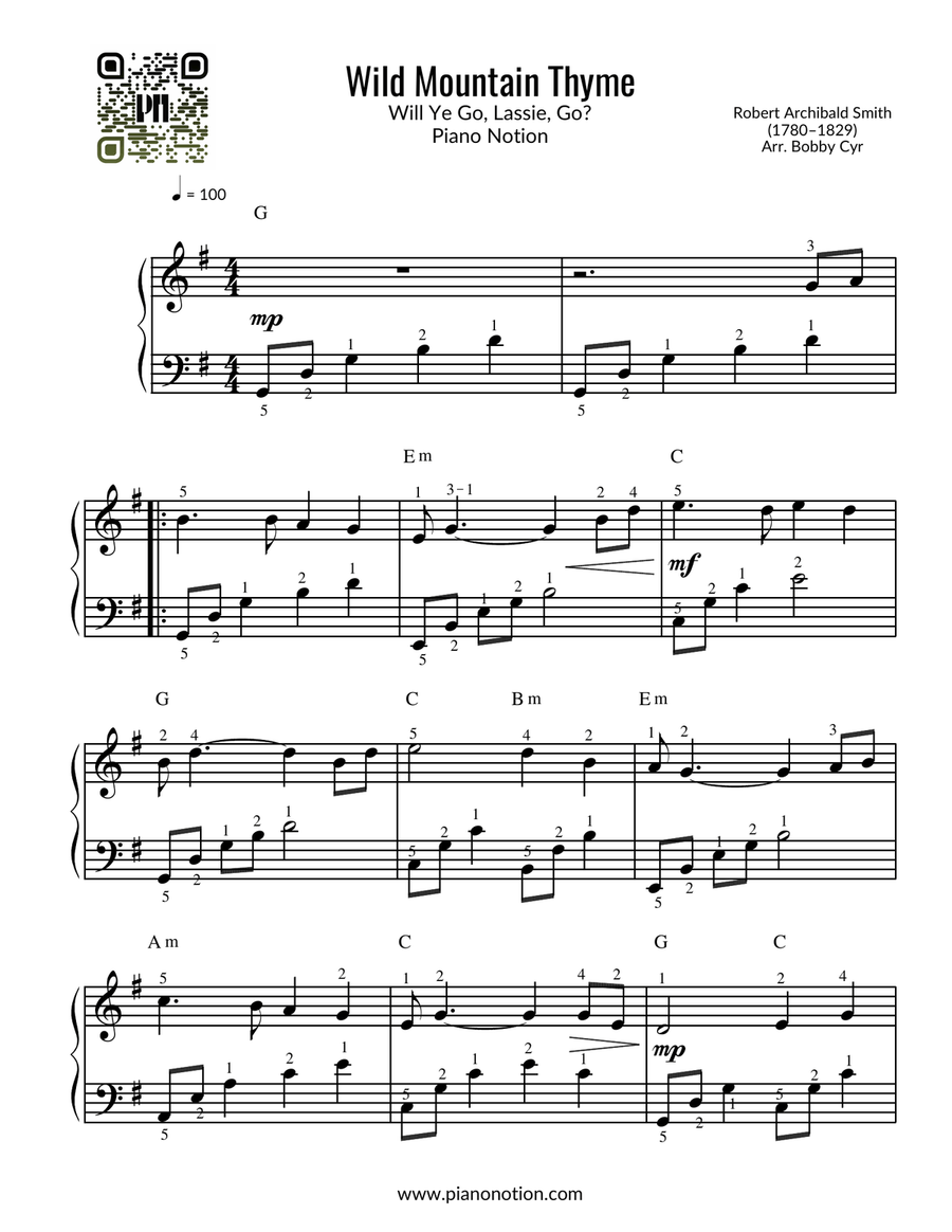 Wild Mountain Thyme - Will Ye Go, Lassie, Go? (Easy Piano Solo) Easy Piano scores gallery preview page 1