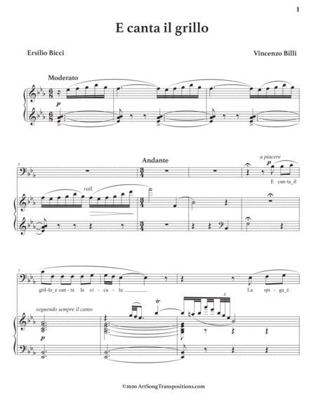 BILLI: E canta il grillo (transposed to E-flat major, bass clef)