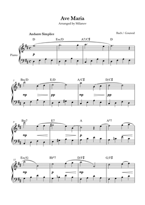Ave Maria Bach Gounod in D Easy Intermediate Piano Chord