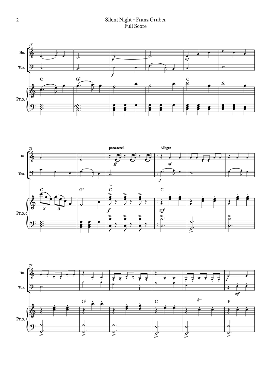 Silent Night for Horn and Tuba Duet with Piano Brass Duet scores gallery preview page 2
