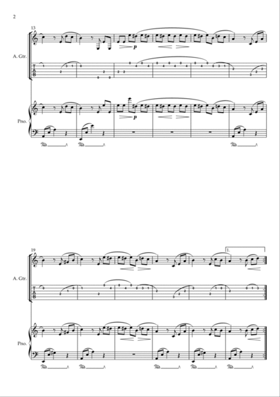 Für Elise (For Elise) - for Guitar (Tab) and Piano accompaniment - with Piano Play along Acoustic Guitar scores gallery preview page 2