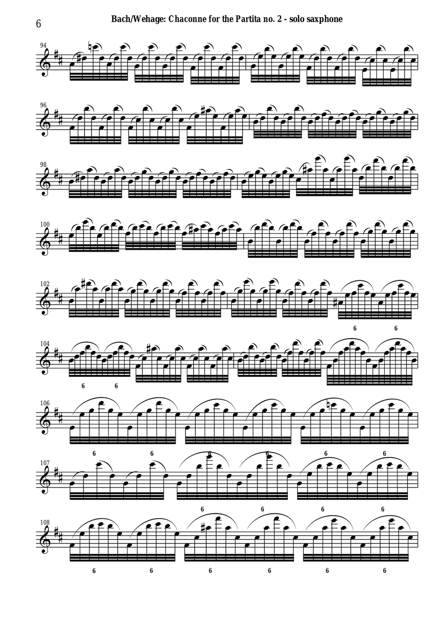 J. S. Bach: Chaconne from the Partita no. 2, BWV 1003 Arranged for Solo Saxophone Woodwind Quartet scores gallery preview page 6