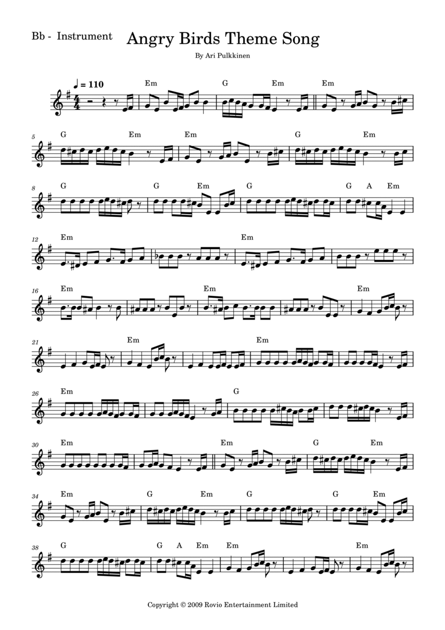 Angry Birds Theme Angry Birds Theme B-Flat Trumpet scores gallery preview page 1