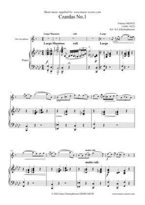 Book cover for Czardas No. 1 - Monti - Alto Sax and Piano.