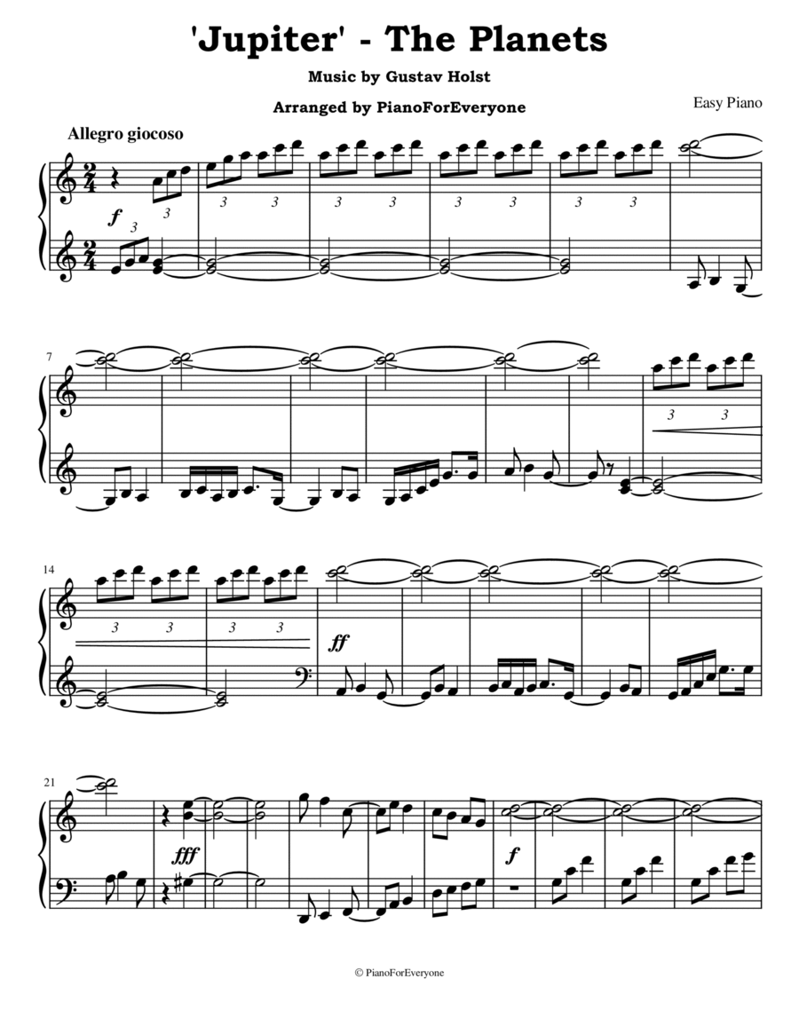 'Jupiter' from The Planets - Holst (Easy Piano) Easy Piano scores gallery preview page 1