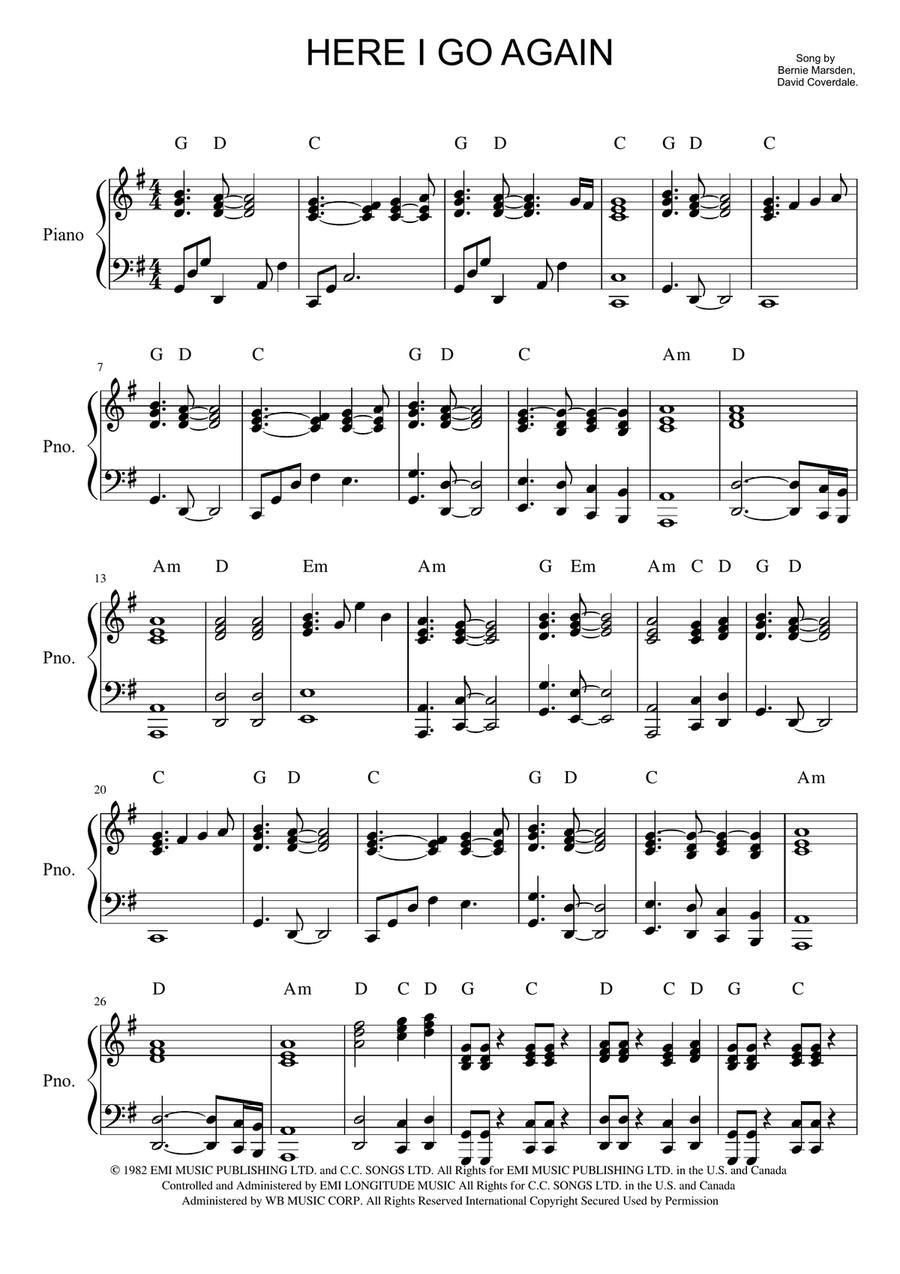 Here I Go Again Piano, Vocal scores gallery preview page 1