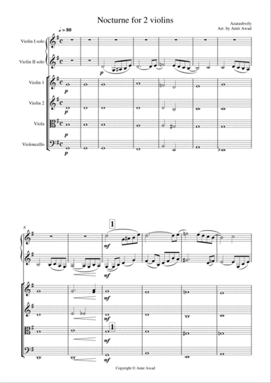 Azarashvili Nocturne for 2 Violin duet with string orchestra String Quartet scores gallery preview page 1
