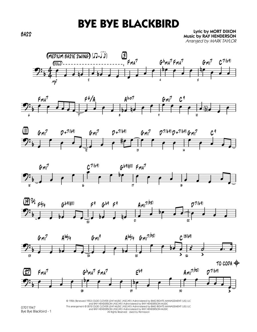 Bye Bye Blackbird - Bass Jazz Ensemble scores gallery preview page 1