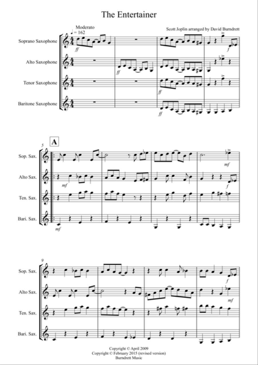 The Entertainer for Saxophone Quartet The Entertainer for Saxophone Quartet Saxophone Quartet scores gallery preview page 1